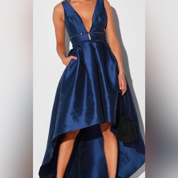 Elegant Moonlight Dance Navy Blue Beaded High-Low Maxi Dress-Used once-Great Con - Picture 3 of 15